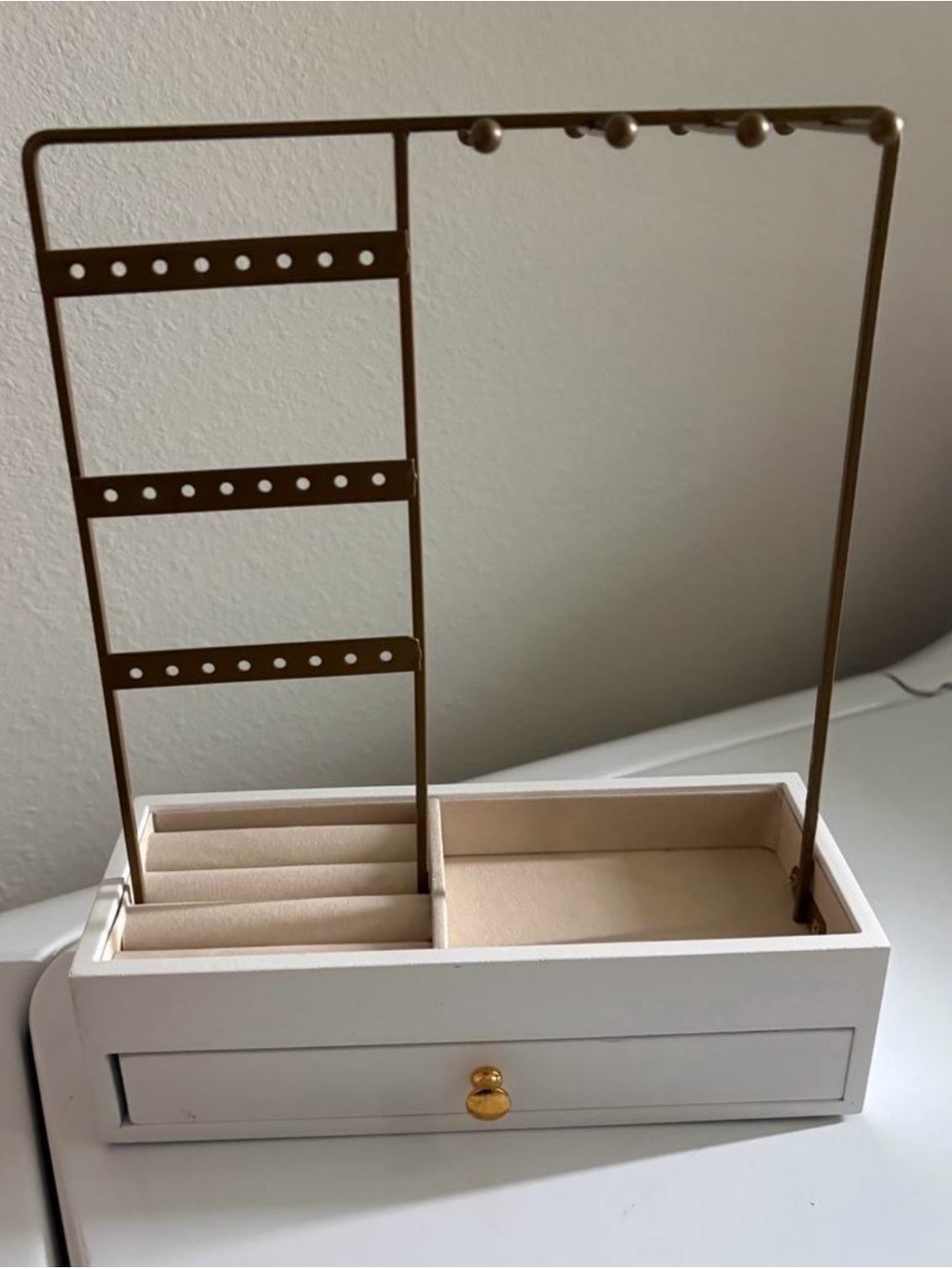Jewelry Organizer Stand with White Base and Gold Frame